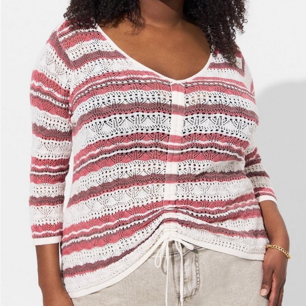 NEW Torrid Open Stitch Pullover V-Neck Cinched Front Sweater 4X Pink Stripe